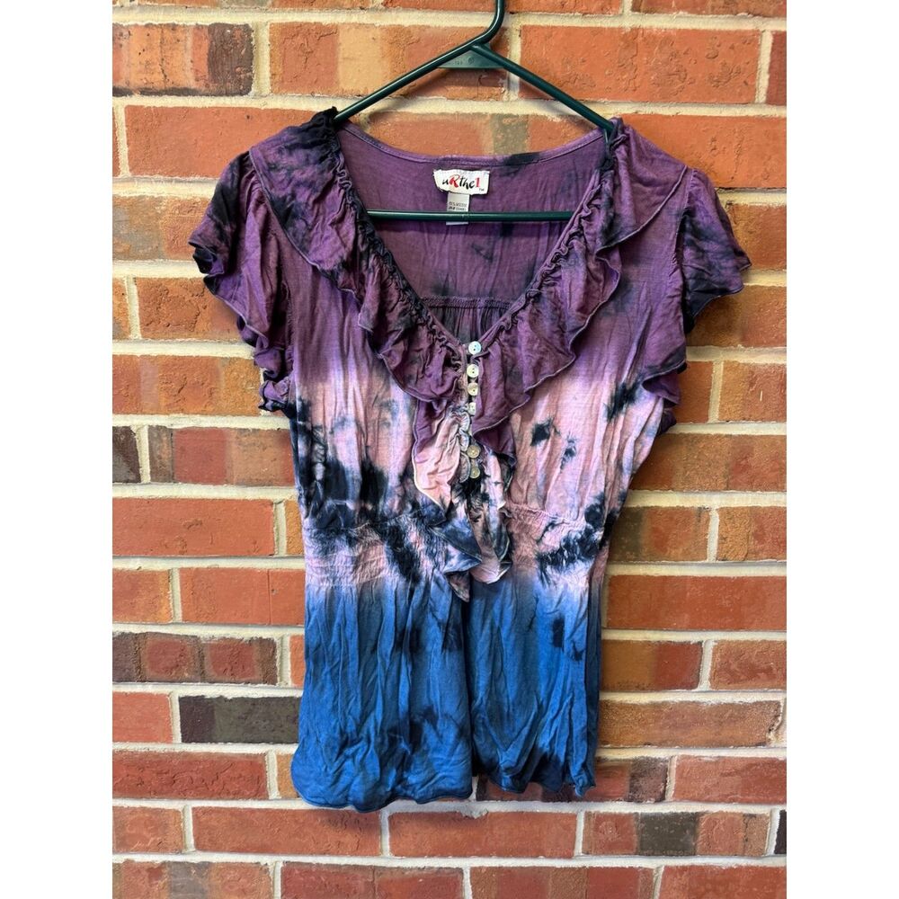 uRthe1 Tie Dye Ruffle Top Purple Boho Blouse M